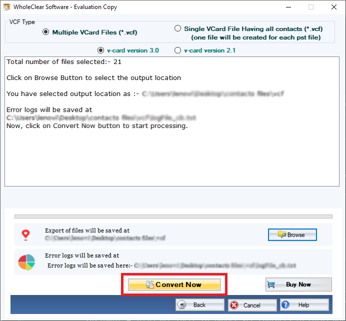 screenshot of WholeClear CSV to VCF Converter
